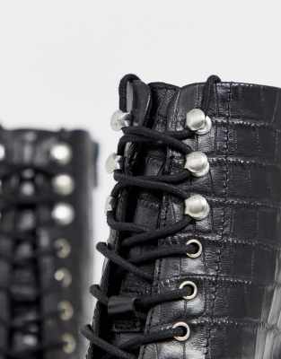 black square toe lace up boots