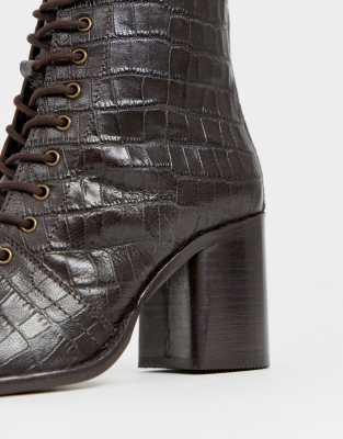 black square toe lace up boots