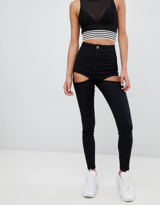 ASOS DESIGN – Rivington – Czarne jegginsy z denimu z wysokim stanem i pończochowymi wycięciami na udach