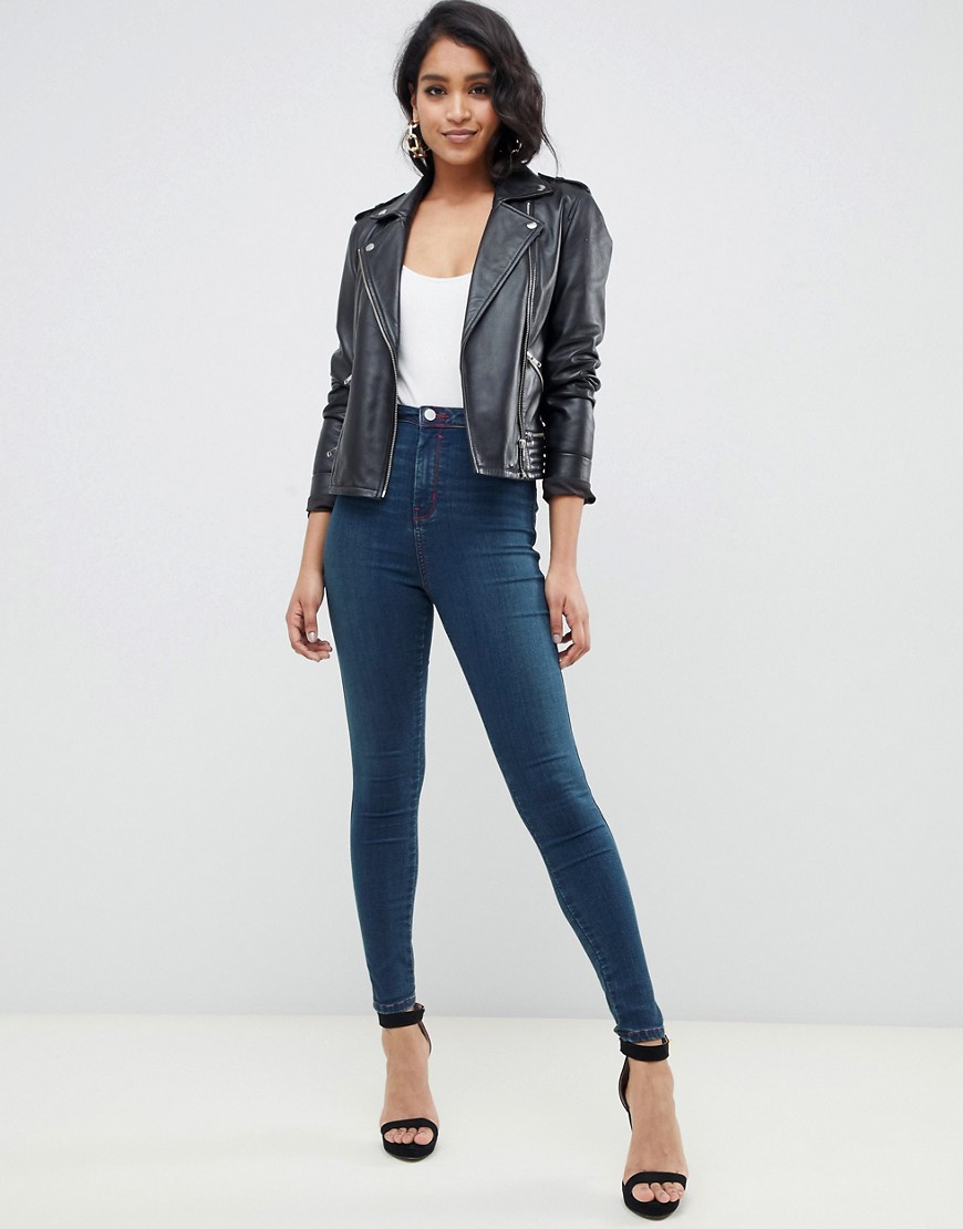 ASOS DESIGN Rivington high waisted jeggings in dark stonewash blue with red contrast stitch
