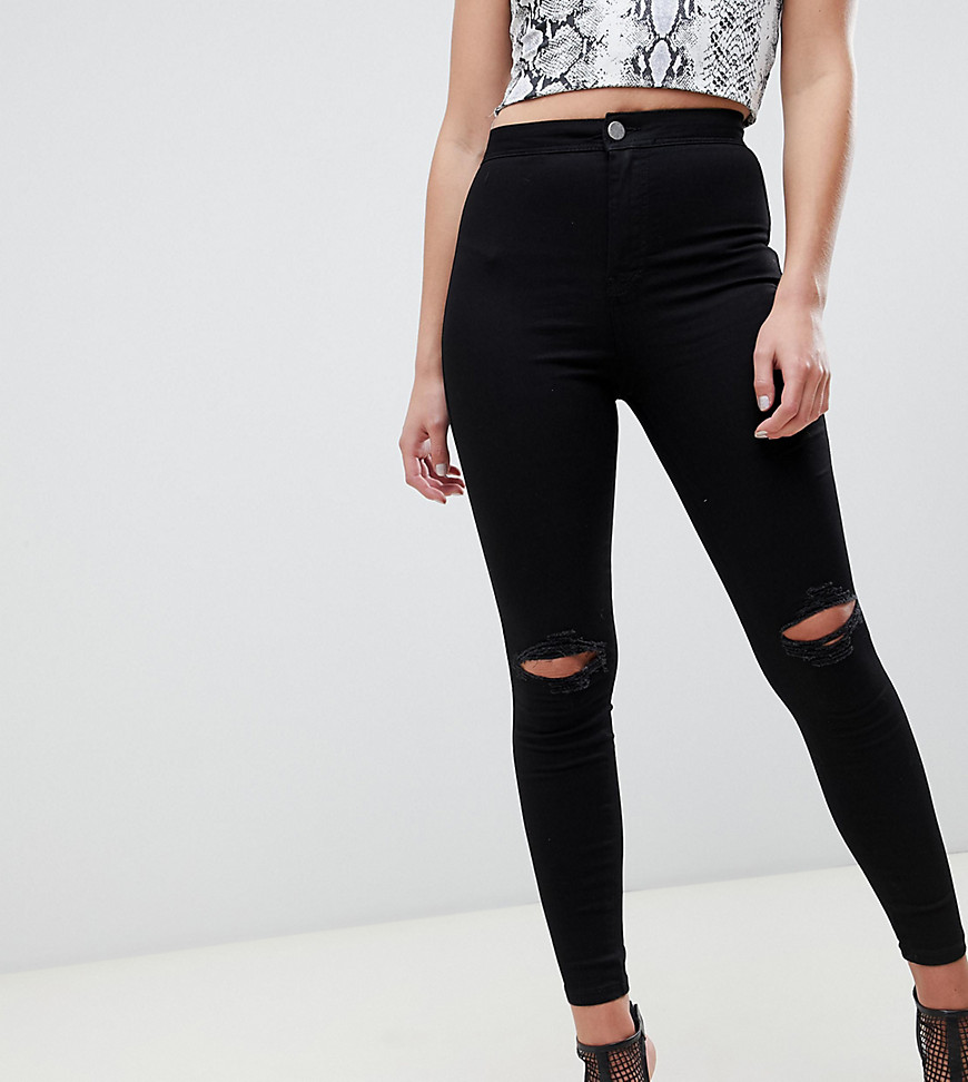 ASOS DESIGN Rivington high waisted jeggings with frayed knee rip detail in clean black