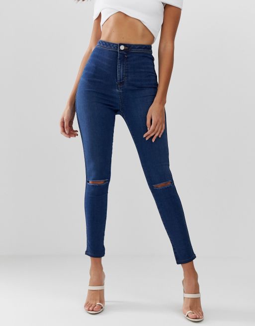 ASOS DESIGN - Rivington - Jeggings vita alta blu vintage intenso con strappi alle ginocchia