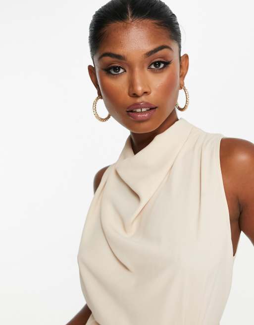ASOS DESIGN - Ærmeløs bluse med vandfaldsudskæring og smalt bindebånd i taljen i beige, 3 af 4