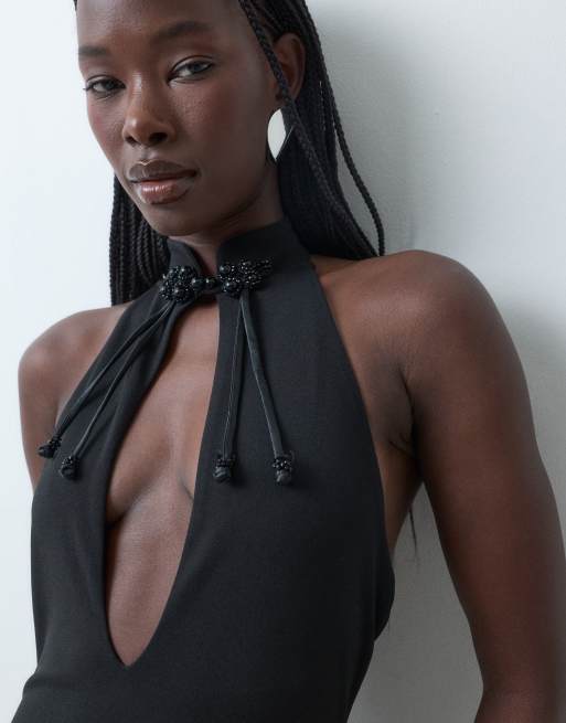 ASOS DESIGN ærmeløs maxikjole med mandarin-krave og pyntet lukning i sort, 3 af 7