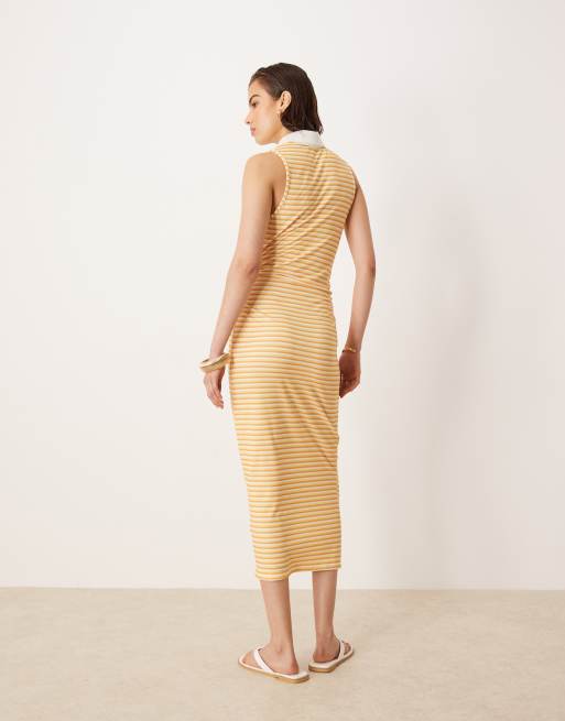 ASOS DESIGN - Ærmeløs midikjole i polostil med rynket talje og gule striber, 3 af 4