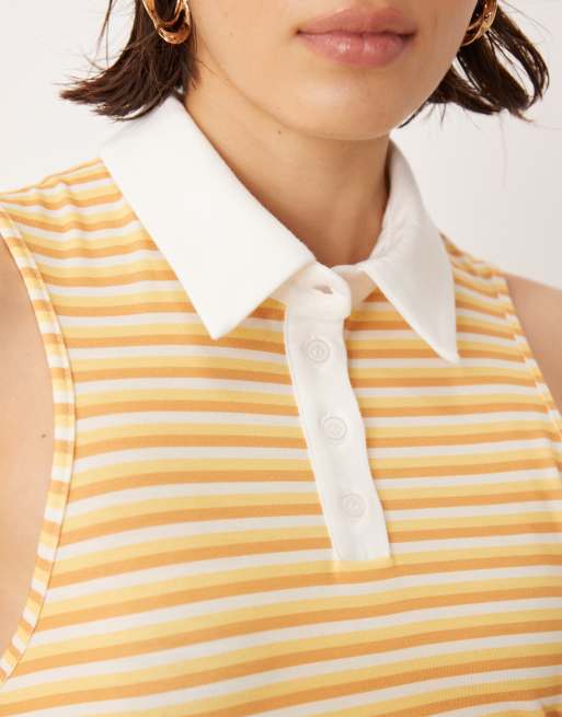 ASOS DESIGN - Ærmeløs midikjole i polostil med rynket talje og gule striber, 4 af 4