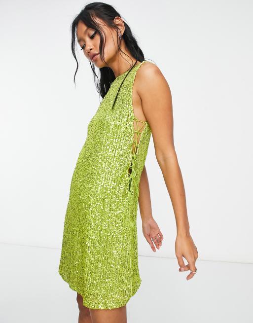 ASOS DESIGN - Ærmeløs minikjole med pailletter og snøredetalje i siden i limegrøn