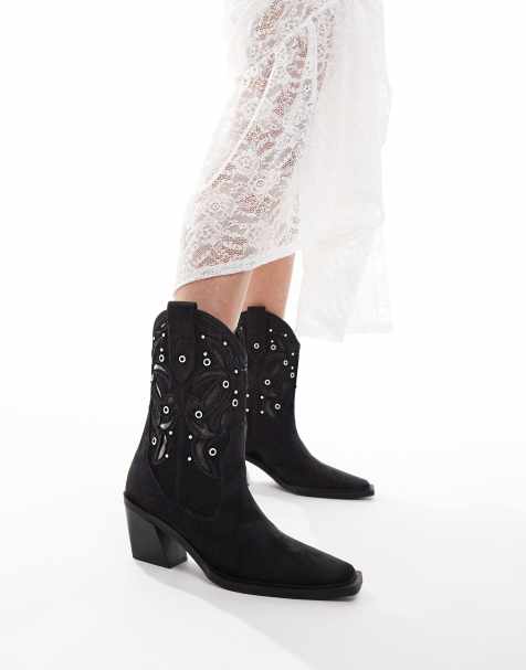 ASOS DESIGN Roan western heeled boots with stones in black - view 1
