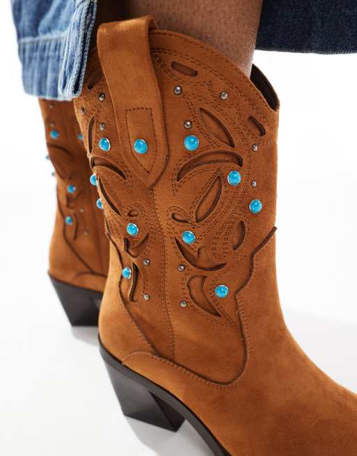 ASOS DESIGN Roan western heeled boots with stones in tan