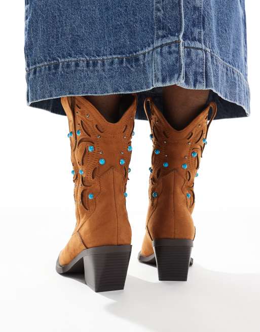 ASOS DESIGN – Roan – Westernstiefel in Hellbraun mit Verzierung und Absatz, 3 von 4