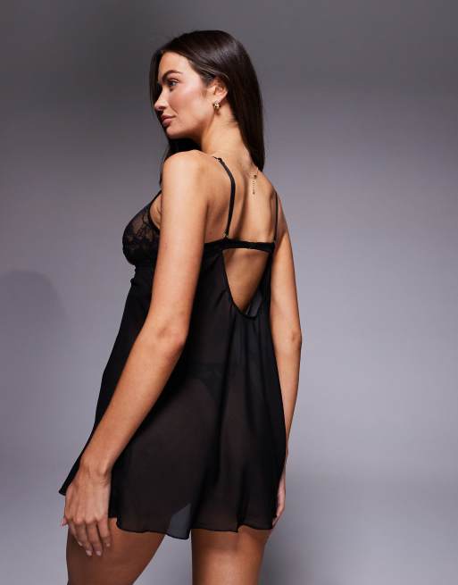 ASOS DESIGN Robbie lace and chiffon cut-out babydoll slip in black, 3 of 4