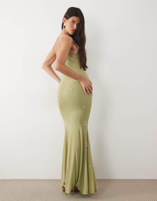 ASOS DESIGN - Robe à bretelles en tulle avec perles nacrées - Sauge, 2 de 4