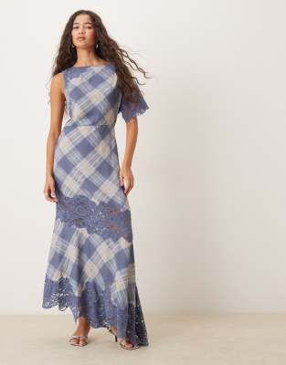 Robe à carreaux mi-longue avec détails en dentelle - Bleu-Multicolore 40