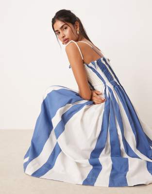 ASOS DESIGN - Robe à corsage froncé ajusté à rayures avec bretelles nouées - Bleu - view 1