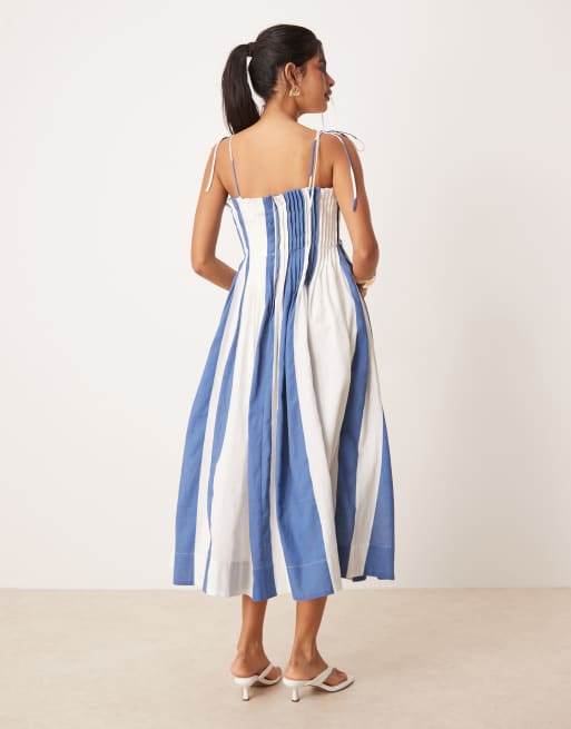 ASOS DESIGN - Robe à corsage froncé ajusté à rayures avec bretelles nouées - Bleu, 3 de 4