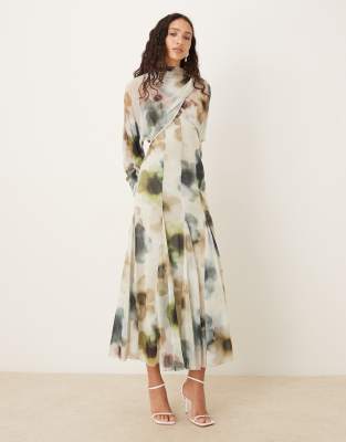 Robe à manches longues et dos ouvert avec partie supérieure croisée jupe évasée à godets et imprimé fleurs aquarelle flouté-Multicolore 40