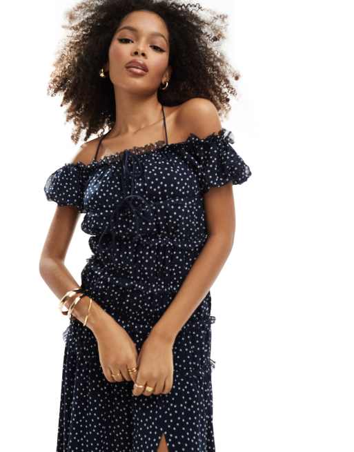 ASOS DESIGN Robe a pois longue avec encolure bardot et taille froncee ASOS