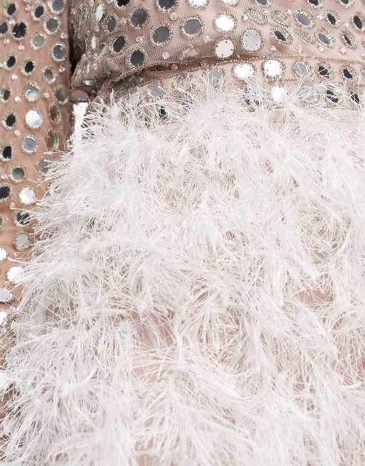 ASOS DESIGN - Robe à sequins courte avec col montant et bordures en plumes synthétiques - Argenté, 3 de 4