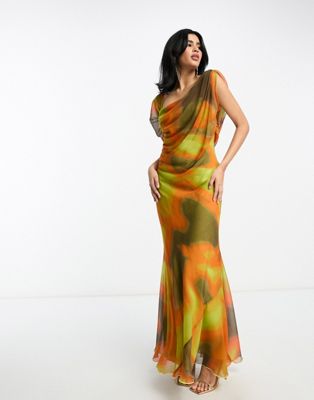 ASOS DESIGN - Robe asymétrique longue et drapée à imprimé abstrait flouté - Jaune | ASOS