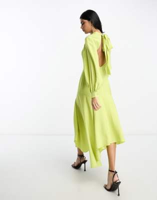 ASOS DESIGN - Robe asymétrique longueur mollet à col montant avec fente goutte d'eau à l'avant et lien noué à l'avant - Citron vert - view 1