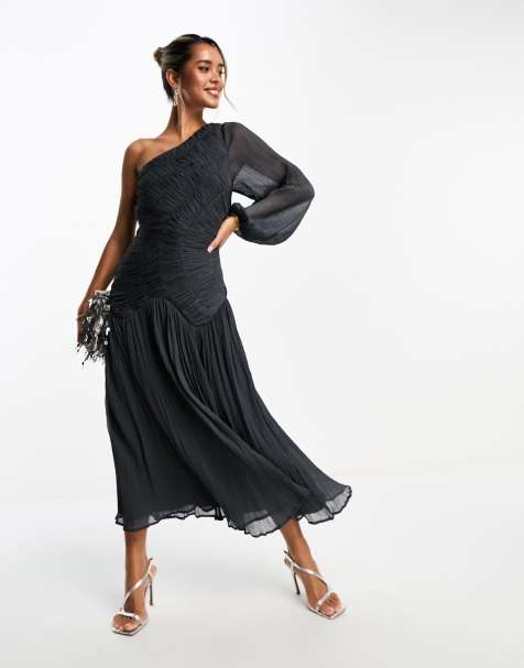 ASOS DESIGN - Robe asymétrique mi-longue à fronces - Anthracite - view 1