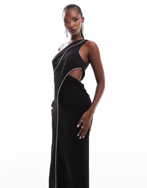 ASOS DESIGN - Robe asymétrique mi-longue effet drapé avec bordures ornées de strass - Noir - view 1