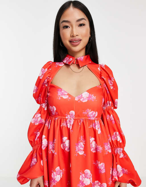 ASOS DESIGN - Robe babydoll avec manches triples et imprimé à petites fleurs - Rouge et rose, 3 de 4