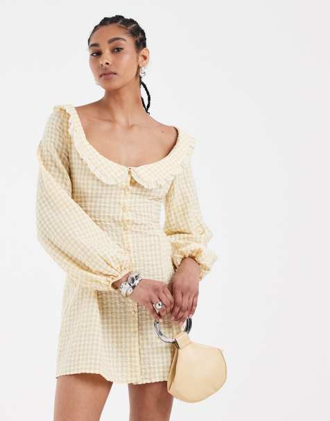 ASOS DESIGN - Robe babydoll courte à carreaux vichy avec col et godets - Jaune - view 1