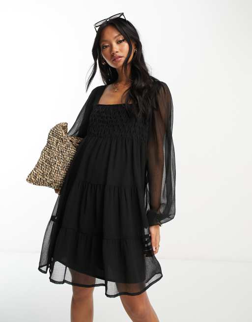 ASOS DESIGN - Robe babydoll courte à encolure carrée et bordures travaillées en tissu hachuré croisé - Noir