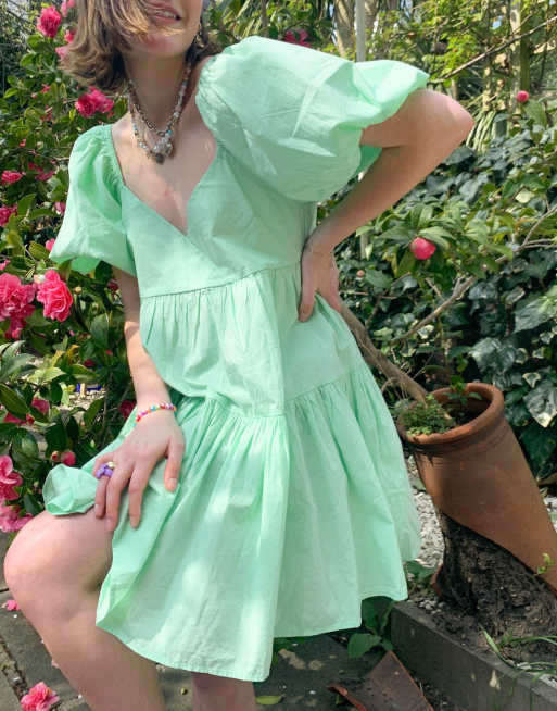 ASOS DESIGN Robe babydoll courte volants en coton Vert ASOS