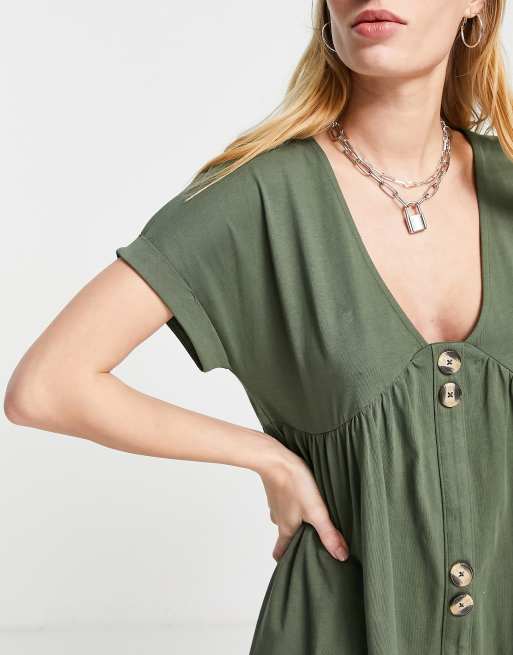 ASOS DESIGN - Robe babydoll courte avec gros boutons et manches courtes - Kaki, 3 de 4