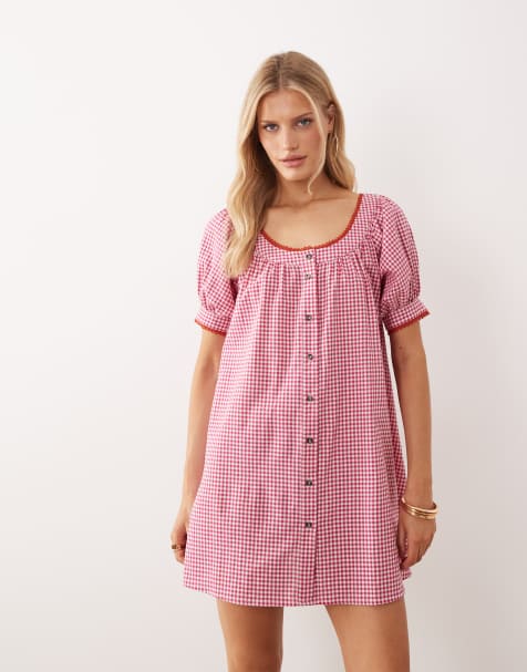 ASOS DESIGN - Robe babydoll courte boutonnée à carreaux vichy - Rouge - view 1