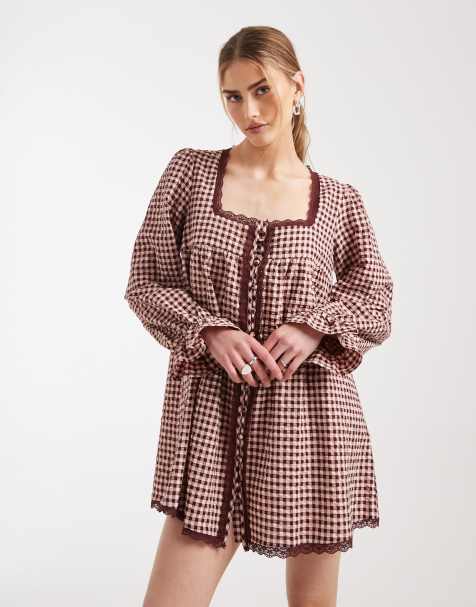 ASOS DESIGN - Robe babydoll courte effet brossé à carreaux et bordures dentelle - Rose - view 1