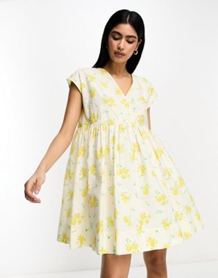 ASOS DESIGN cotton v neck mini smock dress in ditsy floral - ASOS Price Checker