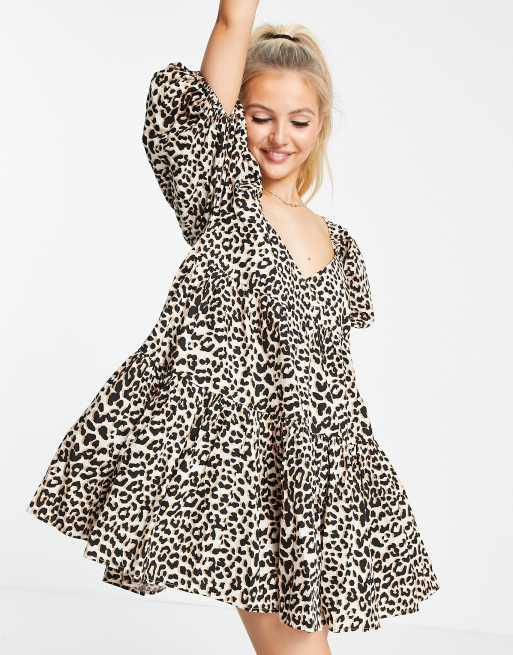 ASOS DESIGN - Robe babydoll courte en coton à volants étagés et imprimé animal