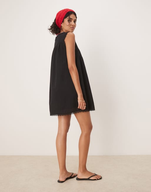 ASOS DESIGN - Robe babydoll courte en coton avec bordures en dentelle - Noir, 4 de 4