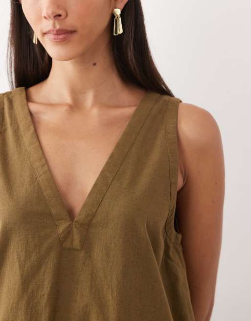 ASOS DESIGN - Robe babydoll courte en coton et lin à col V - Vert mousse, 3 de 4