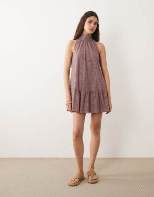 Robe babydoll courte en dentelle à col montant - Lilas-Violet 36