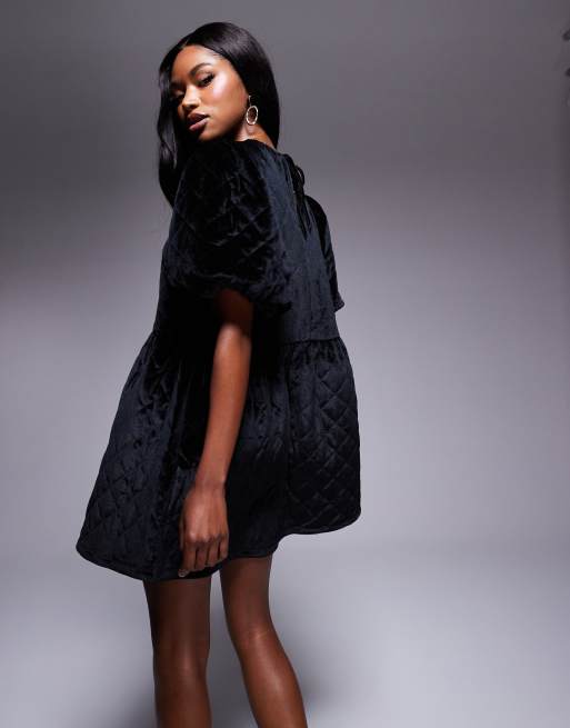 ASOS DESIGN - Robe babydoll courte en velours matelassé avec manches bouffantes - Noir, 3 de 4