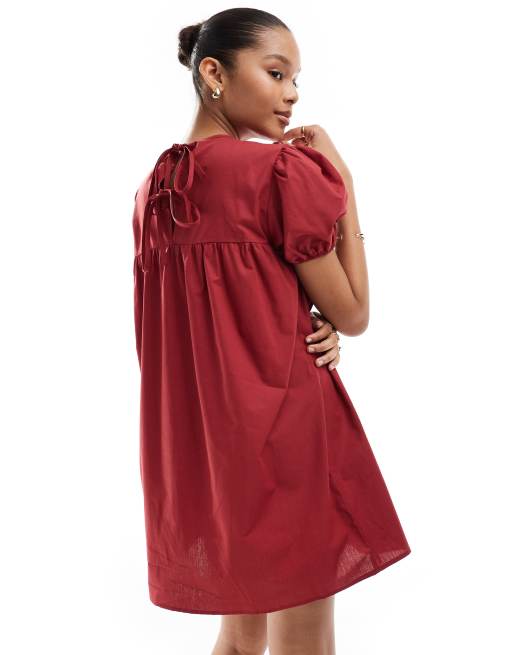 ASOS DESIGN Robe babydoll en popeline a manches bouffantes Rouge