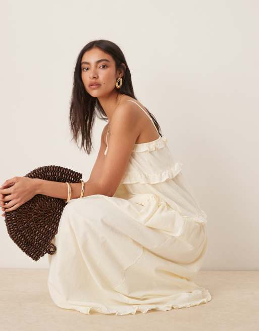 ASOS DESIGN - Robe babydoll longue en coton avec bordures à empiècement - Ivoire, 3 de 4