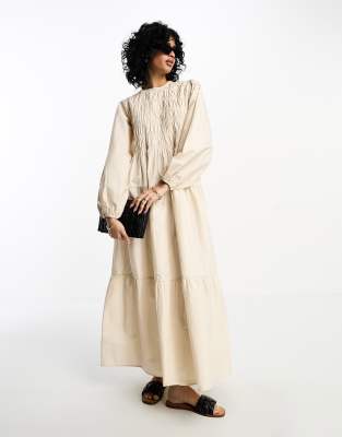 ASOS DESIGN - Robe babydoll longue en coton avec fronces et manches bouffantes - Crème | ASOS