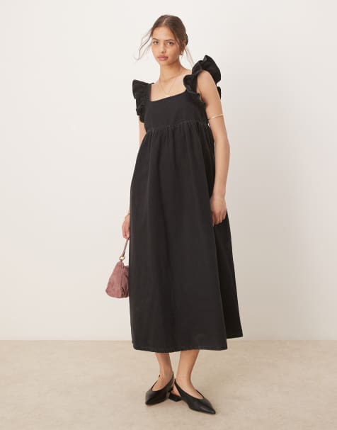 ASOS DESIGN - Robe babydoll longue en jean avec nœud dans le dos - Noir - view 1