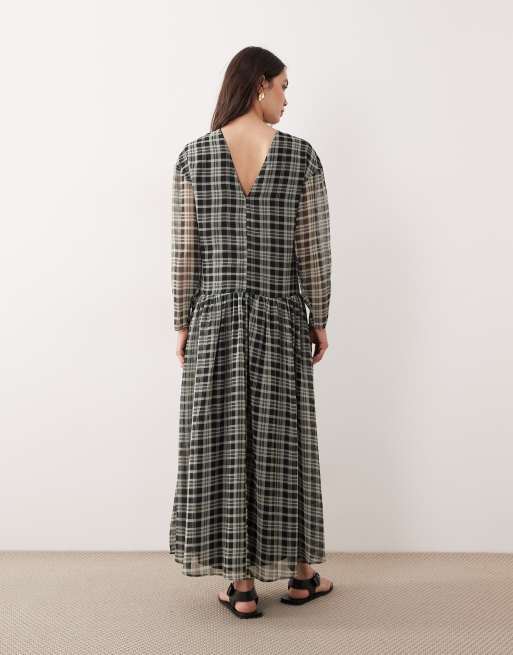 ASOS DESIGN - Robe babydoll longue en mousseline à carreaux et taille basse - Vert, 3 de 4