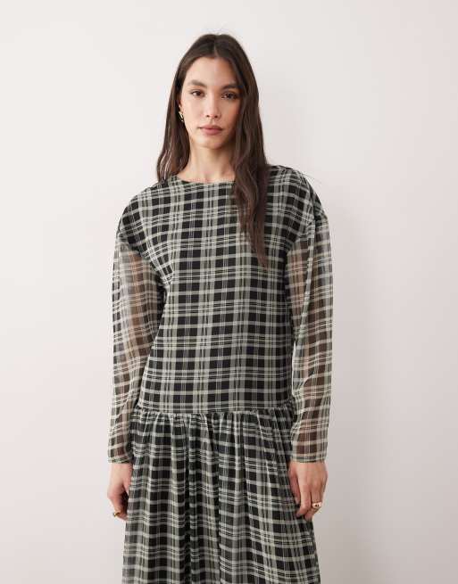 ASOS DESIGN - Robe babydoll longue en mousseline à carreaux et taille basse - Vert, 4 de 4