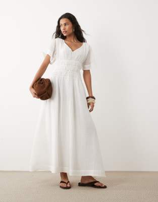 Robe babydoll longue en tissu technique à taille froncée - Blanc 44