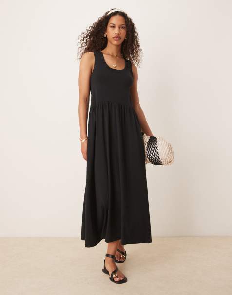 ASOS DESIGN - Robe babydoll mi-longue à fronces et encolure dégagée - Noir - view 1