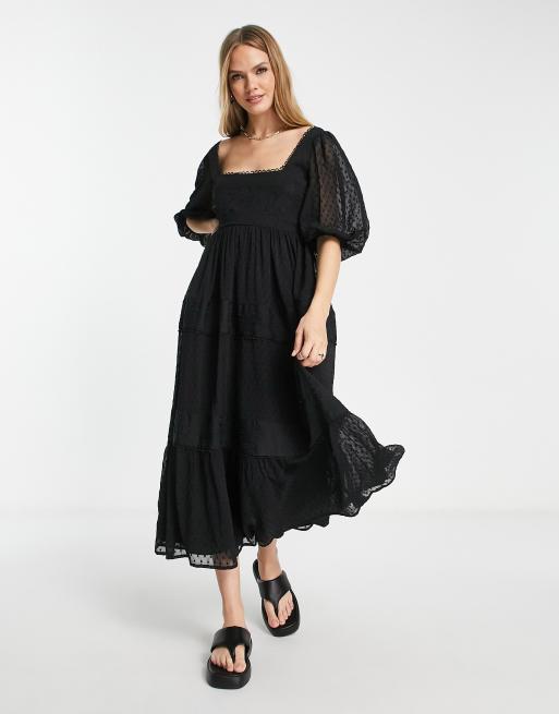 ASOS DESIGN - Robe babydoll mi-longue brodée à encolure carrée et laçage dans le dos - Noir