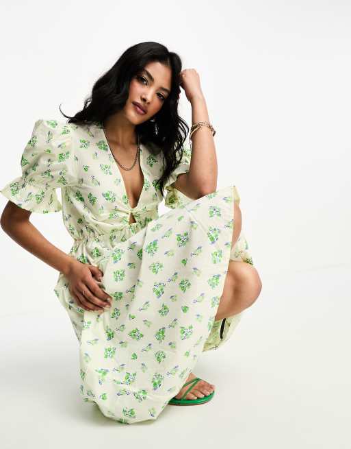ASOS DESIGN - Robe babydoll mi-longue en coton à imprimé fleuri - Crème et vert , 2 de 4
