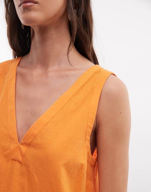 ASOS DESIGN - Robe babydoll mi-longue en coton et lin à col V - Orange, 4 de 4